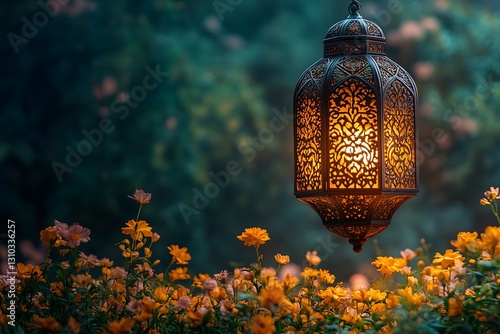 Ornate Glowing Lantern Surrounded by Vibrant Orange Flowers


