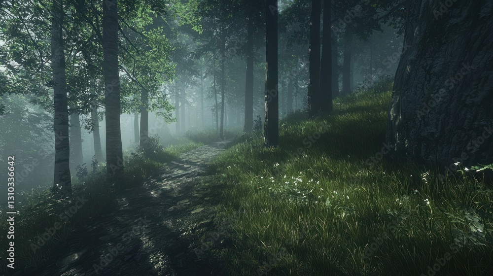 Obraz premium Misty forest path winding uphill through tall trees and lush green grass.