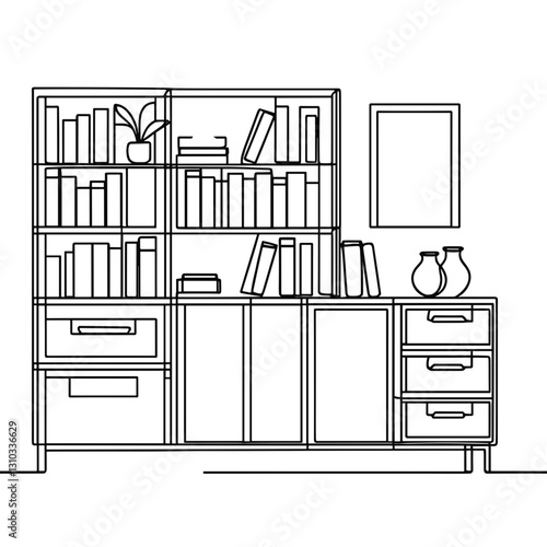 Minimal line drawing of a bookshelf with books, drawers, and decorative items