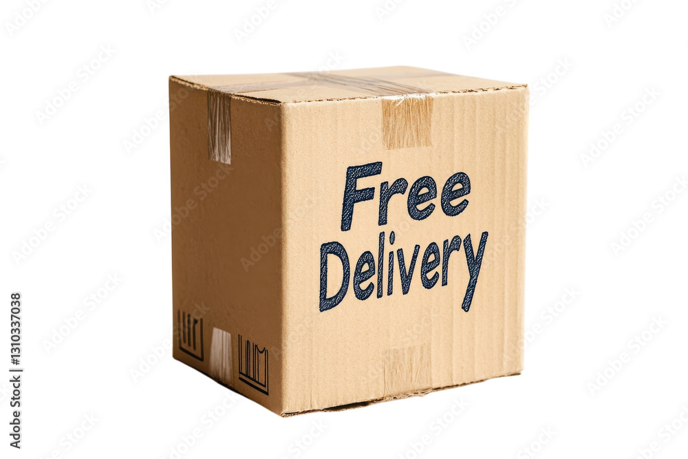 Cardboard box with free delivery label ready for shipping at a logistics facility in daylight Cardboard box with free delivery label ready for shipping at a logistics facility in daylight