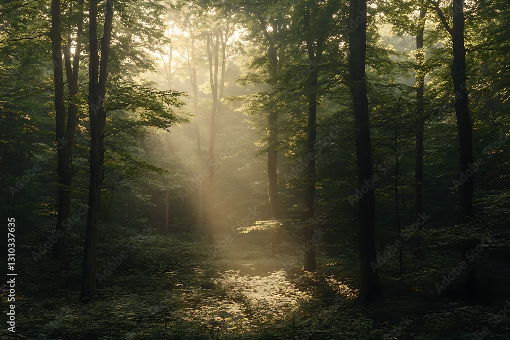 Obraz premium Sunlight Piercing the Misty Forest