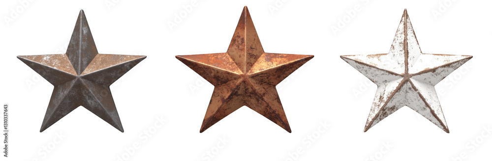 3D rendering of three old, rustic metal stars isolated on a white background 3D rendering of three old, rustic metal stars isolated on a white background