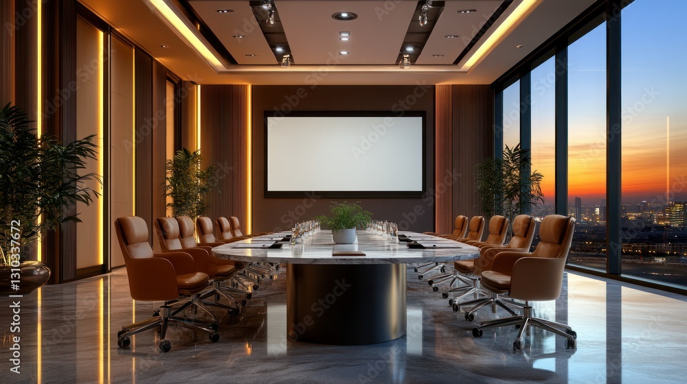 Fototapeta premium Modern conference room with city view, empty meeting space