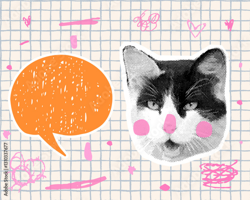 Black and white vector cat halftone collage face with open mouth and speech bubble, Half tone funny kitty head on plaid paper background