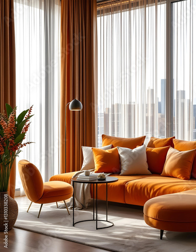 Curtains Window: Luxurious Modern Curtains in the Orange Living Room