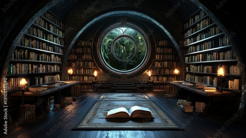 Obraz premium Dark fantasy library, open book, lush window, interior