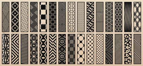 Big vector set of 30 templates for laser cut. Designs with abstract geometric patterns, modern ornaments. Stencils for CNC, plotter, laser cutting of wood, paper, metal, plastic. Aspect ratio 1:4