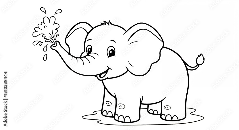 Fototapeta premium Cute cartoon elephant coloring page for kids with playful water spray