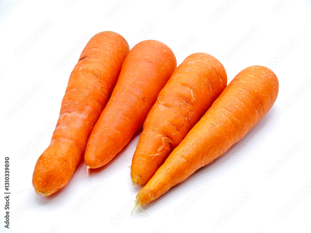 A fresh, vibrant carrots isolated on a clean white background, showcasing its bright orange color and smooth, firm texture A fresh, vibrant carrots isolated on a clean white background, showcasing its bright orange color and smooth, firm texture