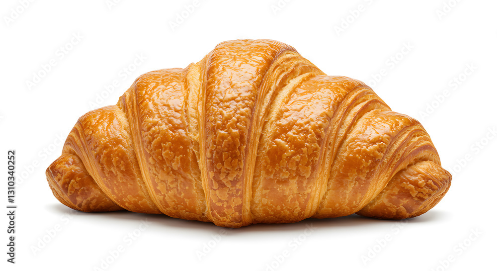 Golden-brown croissant with flaky layers and a buttery shine on a white backdrop. Golden-brown croissant with flaky layers and a buttery shine on a white backdrop.