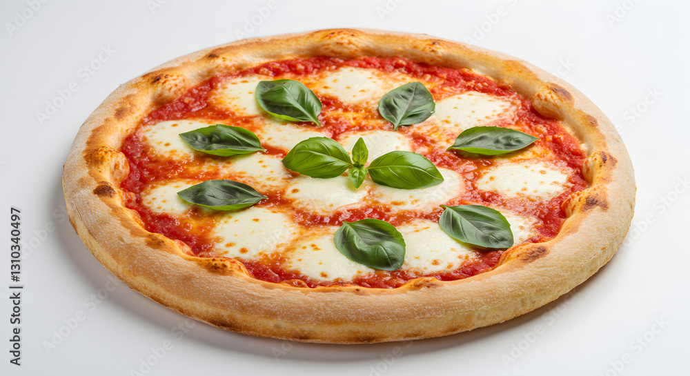 Classic margarita pizza with fresh basil and mozzarella on a bright white background. Classic margarita pizza with fresh basil and mozzarella on a bright white background.