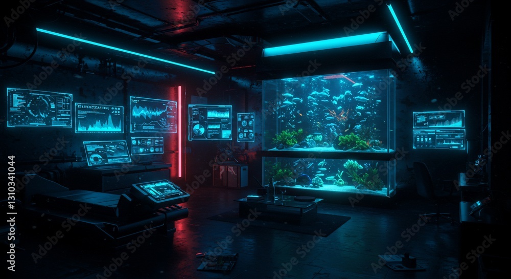 Cyberpunk aquarium room, neon lights, futuristic tech Cyberpunk aquarium room, neon lights, futuristic tech