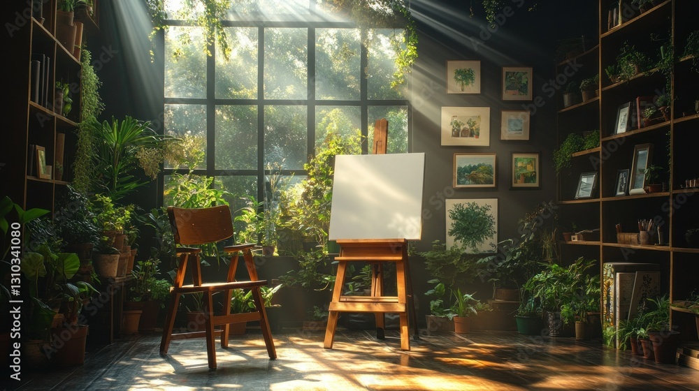 Naklejka premium Sunlight streams into artist's studio with easel, chair, and plants