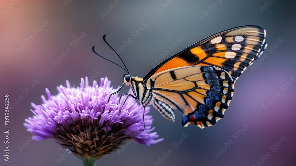 Naklejka premium Colorful butterfly on purple flower, soft background