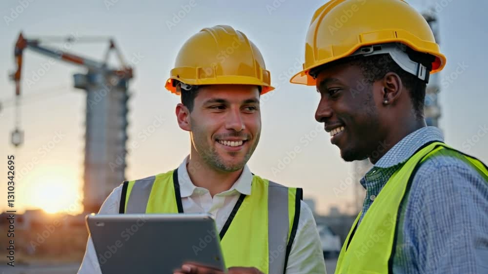 Two construction workers in yellow hard hats discuss project details while reviewing a tablet at a building site. Concept of teamwork, industrial development, and engineering collaboration. Two construction workers in yellow hard hats discuss project details while reviewing a tablet at a building site. Concept of teamwork, industrial development, and engineering collaboration.