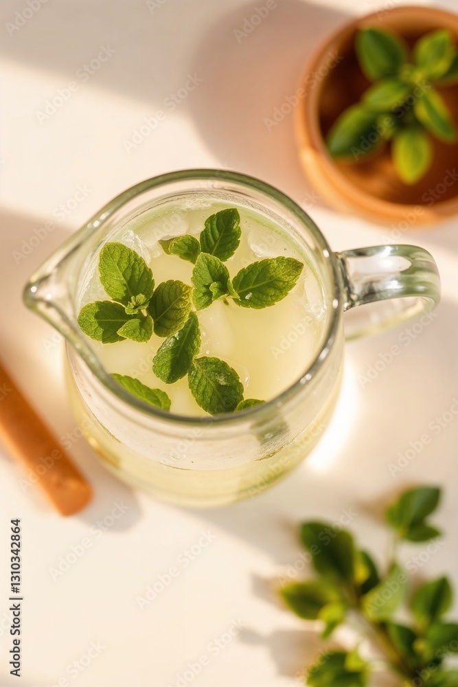Refreshing lemonades with mint sitting in a glass pitcher on a bright surface with decorative mint leaves Refreshing lemonades with mint sitting in a glass pitcher on a bright surface with decorative mint leaves