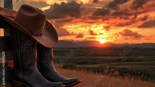 Cowboy boots and hat at sunset over a field.  Possible stock photo use Outdoor western lifestyle image