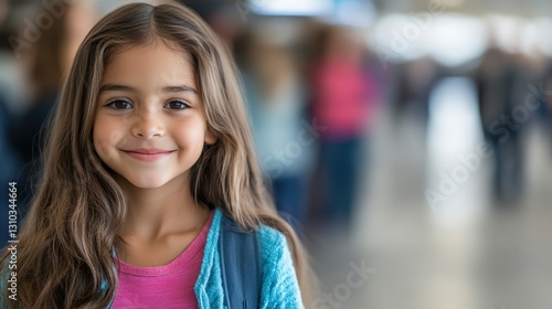 Wallpaper Mural Cheerful 8-Year-Old Girl with Long Brown Hair Smiling in a Busy Airport Terminal While Wearing a Blue Backpack, Capturing a Moment of Joy and Adventure Torontodigital.ca