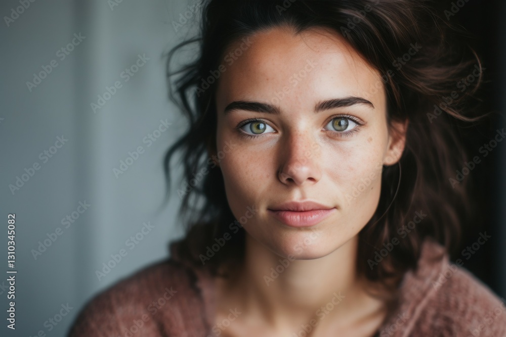 A young woman with striking green eyes gazes thoughtfully into the distance A young woman with striking green eyes gazes thoughtfully into the distance