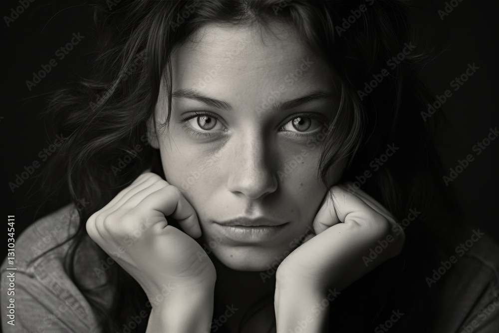 Obraz premium Soft light highlights the contemplative expression of a young woman, her hands resting on her chin as she gazes intently, showcasing a moment of introspection and depth