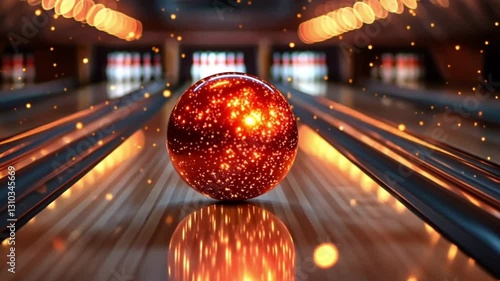Bowling ball on lane, glowing, abstract lights, entertainment, possible use for a bowling alley ad