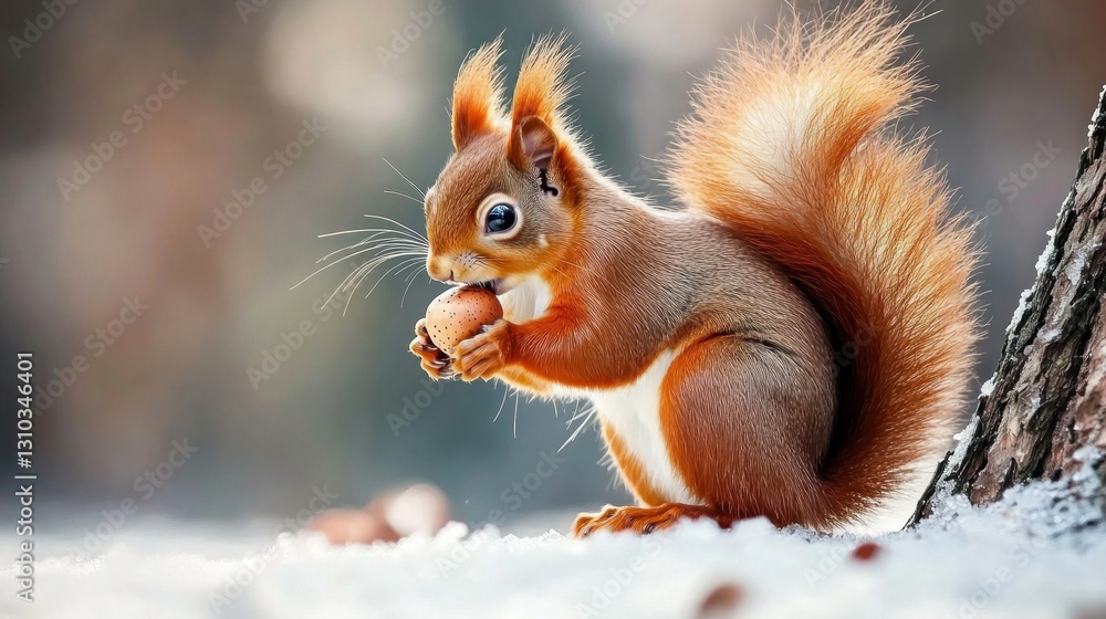 Red Squirrel Eating Nut in Winter Forest Red Squirrel Eating Nut in Winter Forest