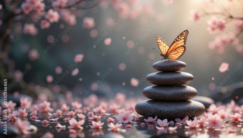 Obraz premium Butterfly Resting on Stacked Stones Surrounded by Pink Blossoms Serene Zen Garden