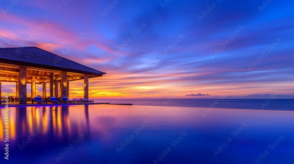 Serene sunset over a tranquil infinity pool at a tropical resort with vibrant sky color