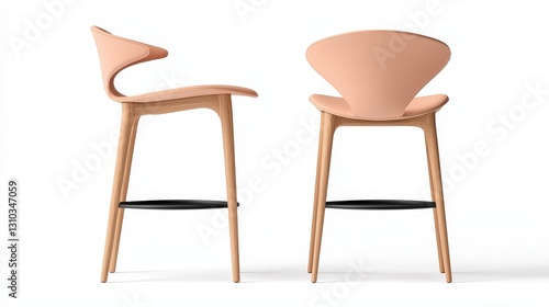 Two modern peach-colored bar stools with wooden legs and a footrest, shown from the side and back views against a white background.