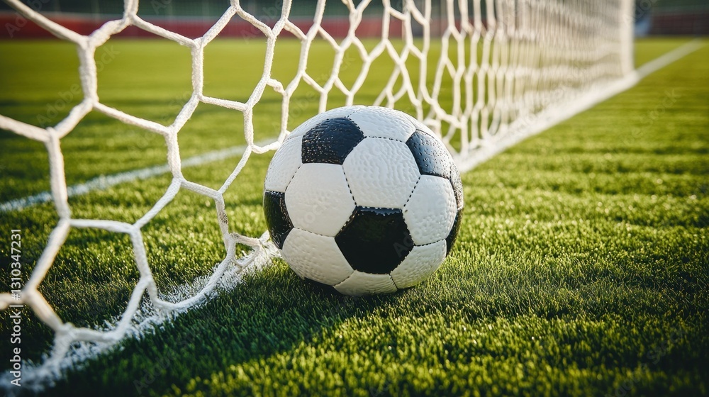 Fototapeta premium Soccer ball resting near goal net on field