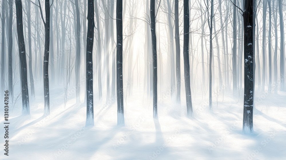 Fototapeta premium Sunbeams pierce misty winter forest, snow-covered ground, tree trunks.