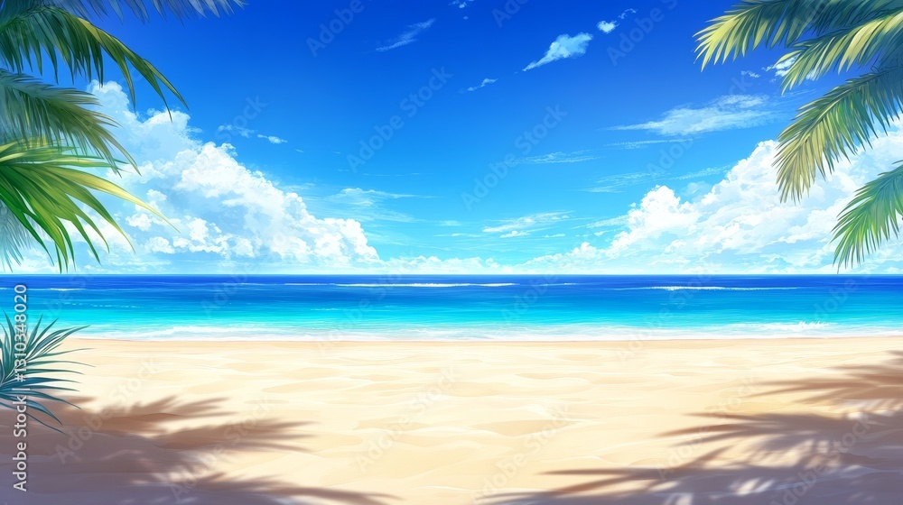 Fototapeta premium Serene tropical beach scene with clear blue skies, palm trees framing the shore, and calm ocean waves