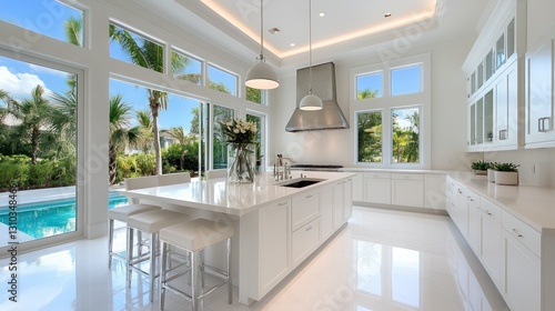 Modern white kitchen with pool views, Florida