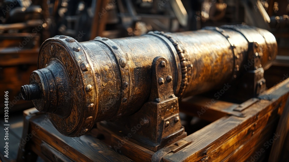 Antique bronze cannon on wooden stand, outdoors