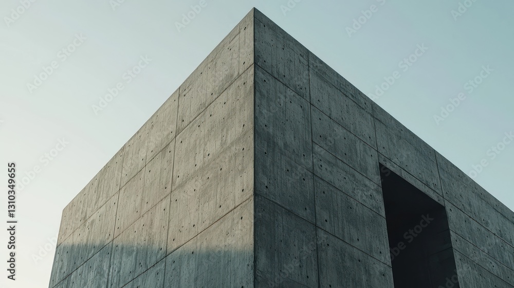 Low-angle view of a modern concrete building with a minimalist design. Low-angle view of a modern concrete building with a minimalist design.