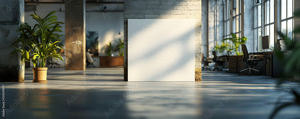 Fototapeta premium Blank sign in sunlit loft office