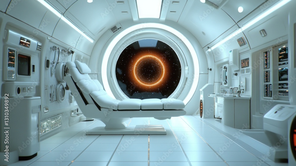 Futuristic spaceship interior, medical bay with ring nebula view Futuristic spaceship interior, medical bay with ring nebula view