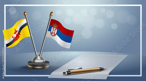 Brunei and Serbia National flags on small table with bokeh background, cooperative relationship. Template vector Illustration