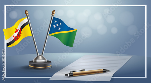 Brunei and Solomon Islands National flags on small table with bokeh background, cooperative relationship. Template vector Illustration