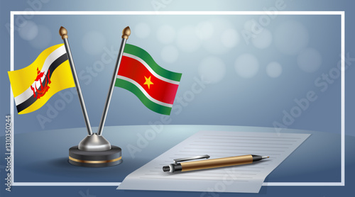 Brunei and Suriname National flags on small table with bokeh background, cooperative relationship. Template vector Illustration