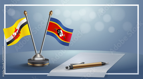 Brunei and Swaziland National flags on small table with bokeh background, cooperative relationship. Template vector Illustration