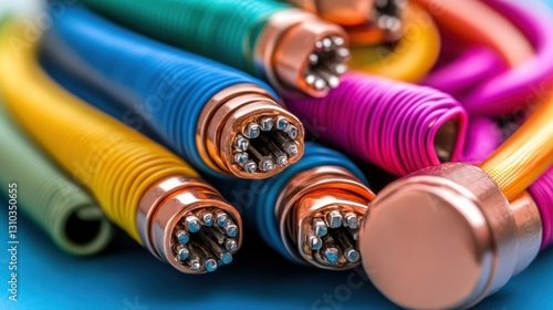 Colorful springy cables close-up on blue surface, showcasing intricate details