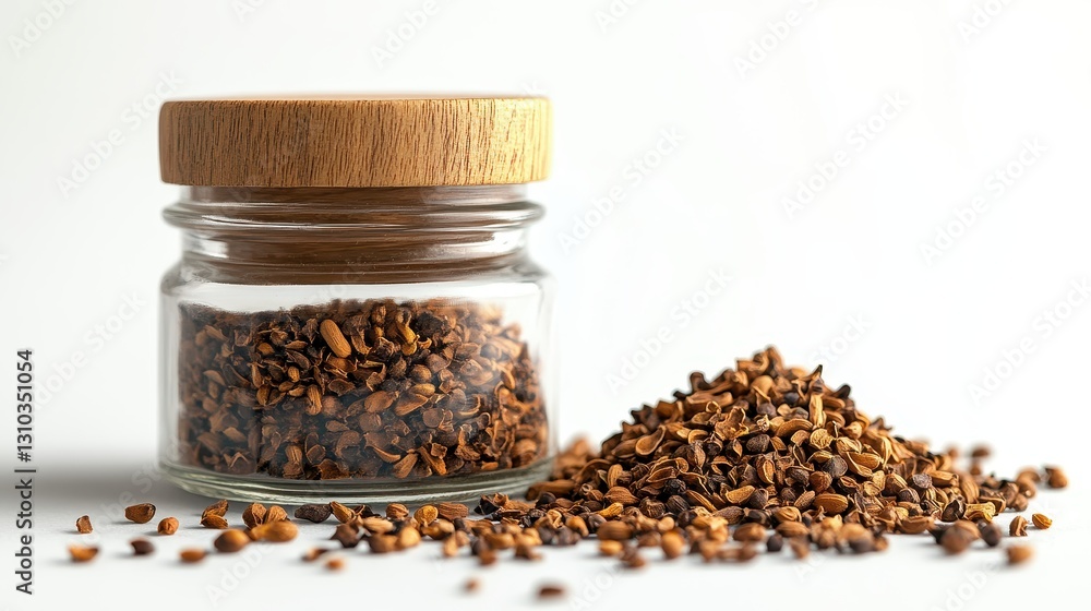 Glass jar filled with cumin seeds
Glass jar filled with cumin seeds