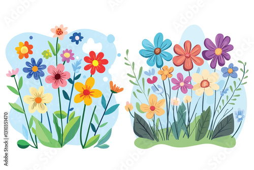 bright summer flowers on blue background, flower set, set of flowers, flowers on meadow, flowers in watercolor, flowers in paints, hand drawing