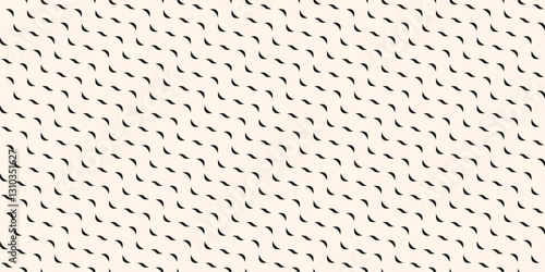 Vector minimalist geometric seamless pattern with small wavy shapes, curved lines, waves. Simple abstract texture of ripple water surface. Black and white background. Modern minimal repeated design