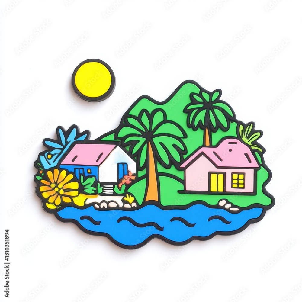 Fototapeta premium Vibrant Tropical Landscape Featuring Colorful Houses, Lush Palm Trees, a Bright Sun, and Serene Water Body