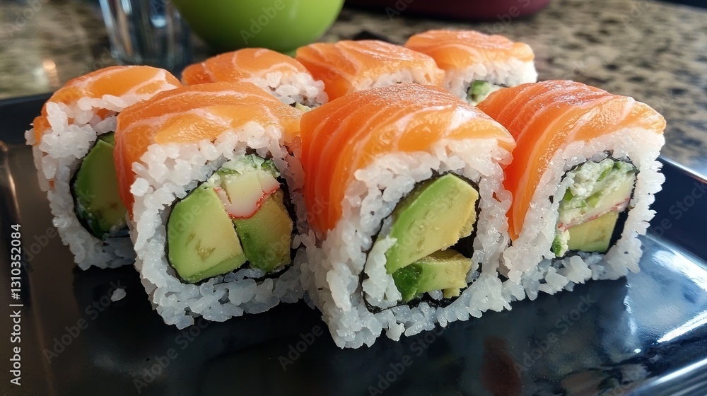 Delicious salmon avocado sushi rolls on a plate. Delicious salmon avocado sushi rolls on a plate.