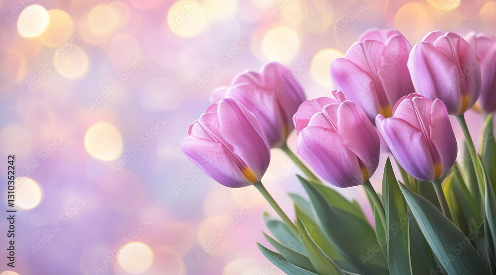 Obraz premium Purple tulips, blooming in a spring garden on a soft, colorful bokeh background. Spring background with tulips for women's day 