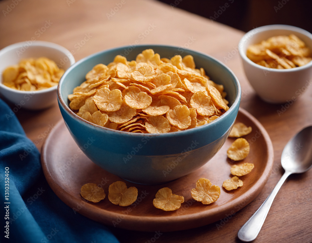 Deep bowl with flakes for breakfast flooded with milk. Deep bowl with flakes for breakfast flooded with milk.