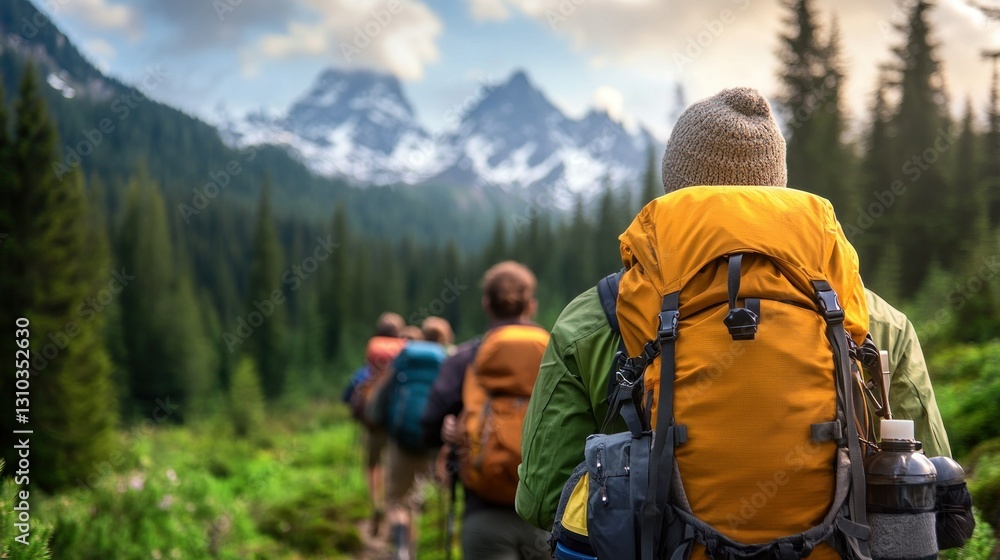 Hikers on mountain trail, scenic alpine backdrop Hikers on mountain trail, scenic alpine backdrop
